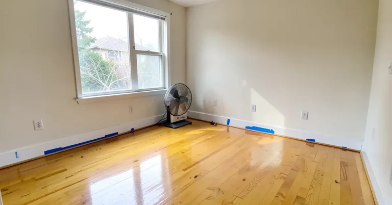 Box fan in an open window ventilating a freshly refinished hardwood floor room