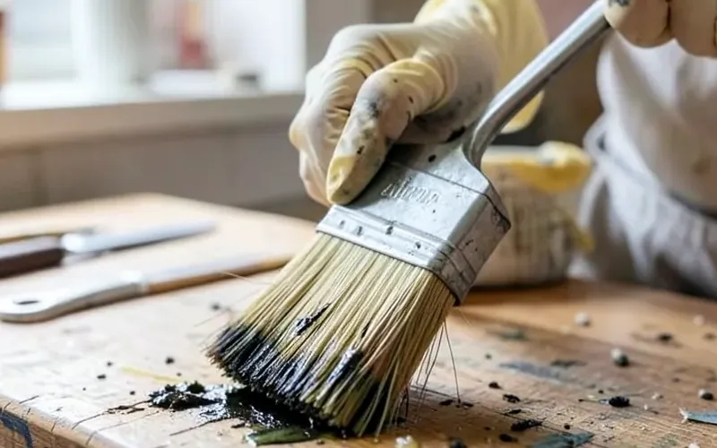combing dried stripper residue out of paintbrush bristles combing softened dried paint stripper residue out of paintbrush bristles with gloves