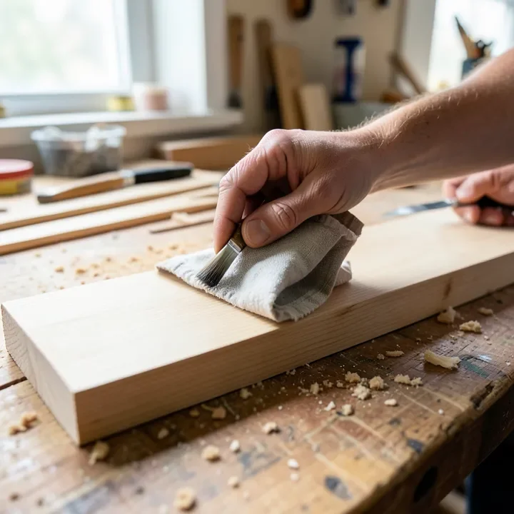 woodworker applying pre-stain conditioner to a wood board before staining