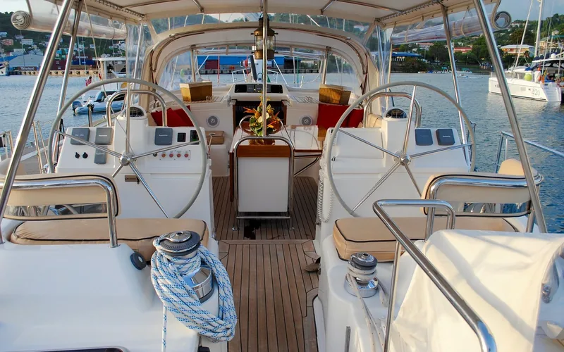 teak wood deck planks on a sailboat exposed to open water