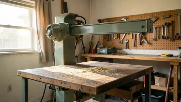Vintage DeWalt Powershop radial arm saw with overhead arm mounted over a workshop table