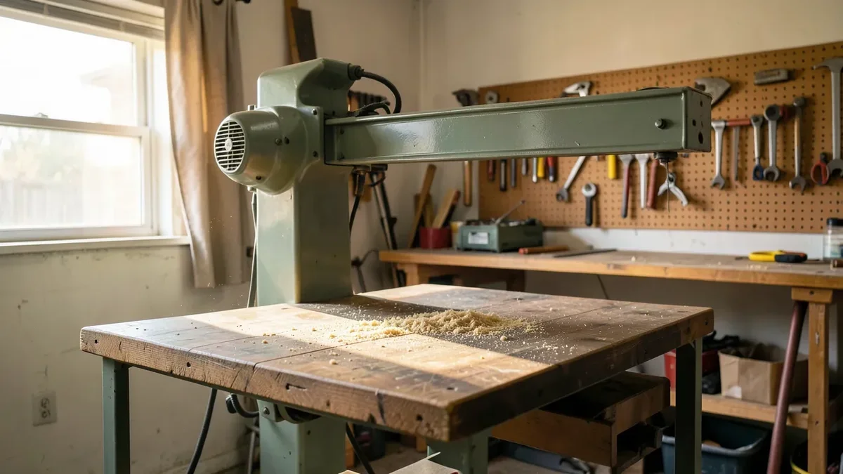 Vintage DeWalt Powershop radial arm saw with overhead arm mounted over a workshop table