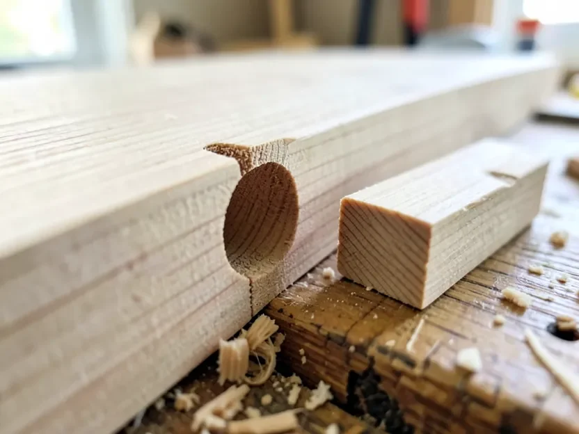 Close-up of a cut mortise slot and its matching loose tenon piece