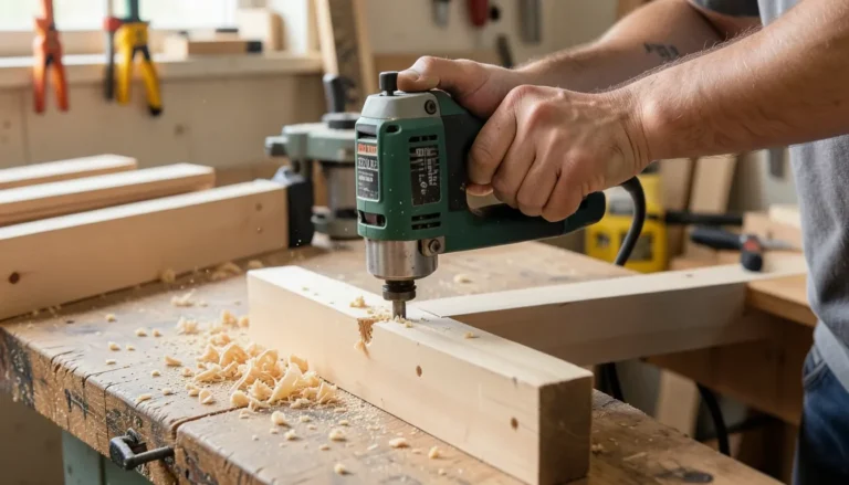 Woodworker cutting a mortise with a handheld loose-tenon joinery tool