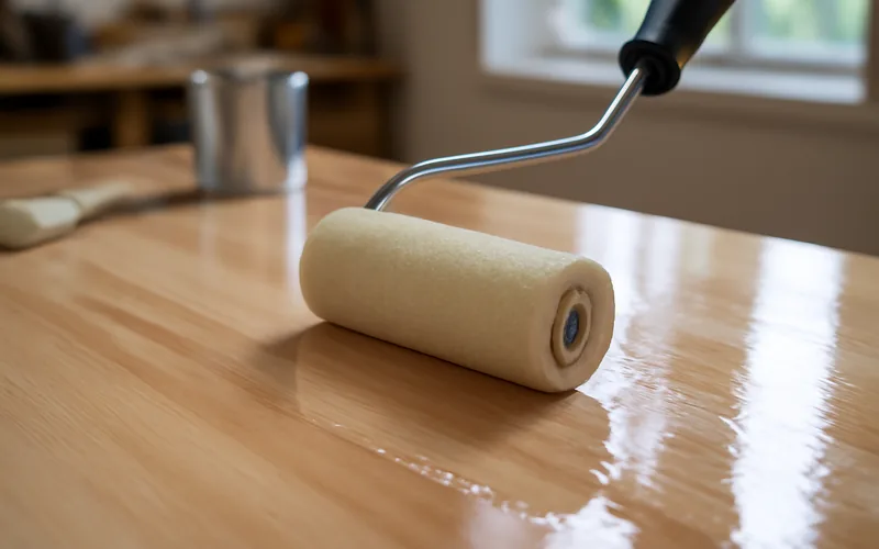 foam roller applying a clear glossy polyurethane coat to a wood tabletop foam roller applying a clear glossy polyurethane coat to a wood tabletop