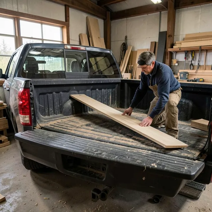 lumber yard employee loading a long board into a pickup truck bed lumber yard employee loading a long board into a pickup truck bed