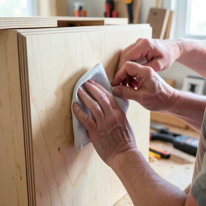Hands wiping a sealed plywood panel with a microfiber cloth