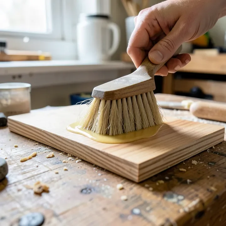 Treating a stained plywood board with a cleaning solution and soft brush