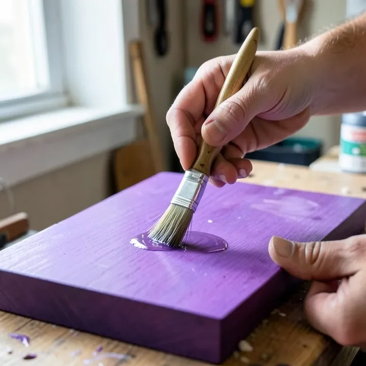 Applying a clear UV-blocking spar urethane finish to purple heart wood with a brush