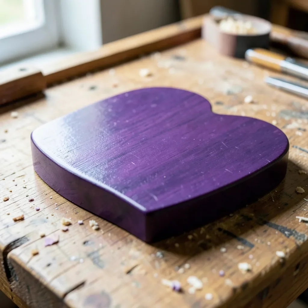 Finished purple heart wood piece with vivid violet color and glossy topcoat