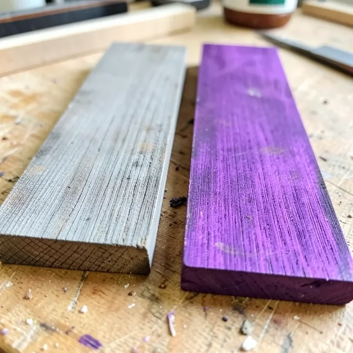Freshly cut purple heart wood next to an oxidized board showing the color shift from gray-brown to violet