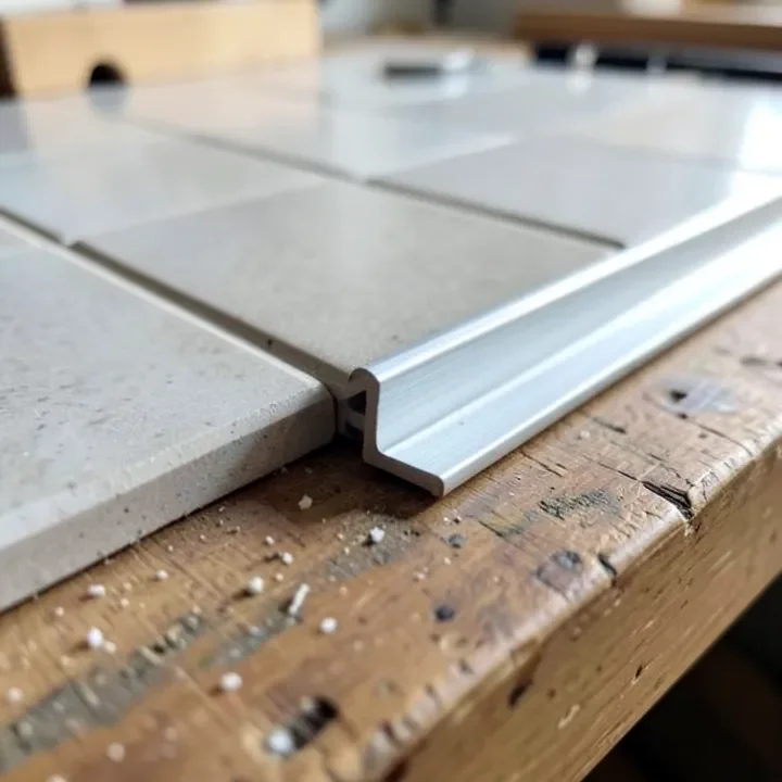 Aluminum L-shaped tile edge trim strips next to ceramic tile