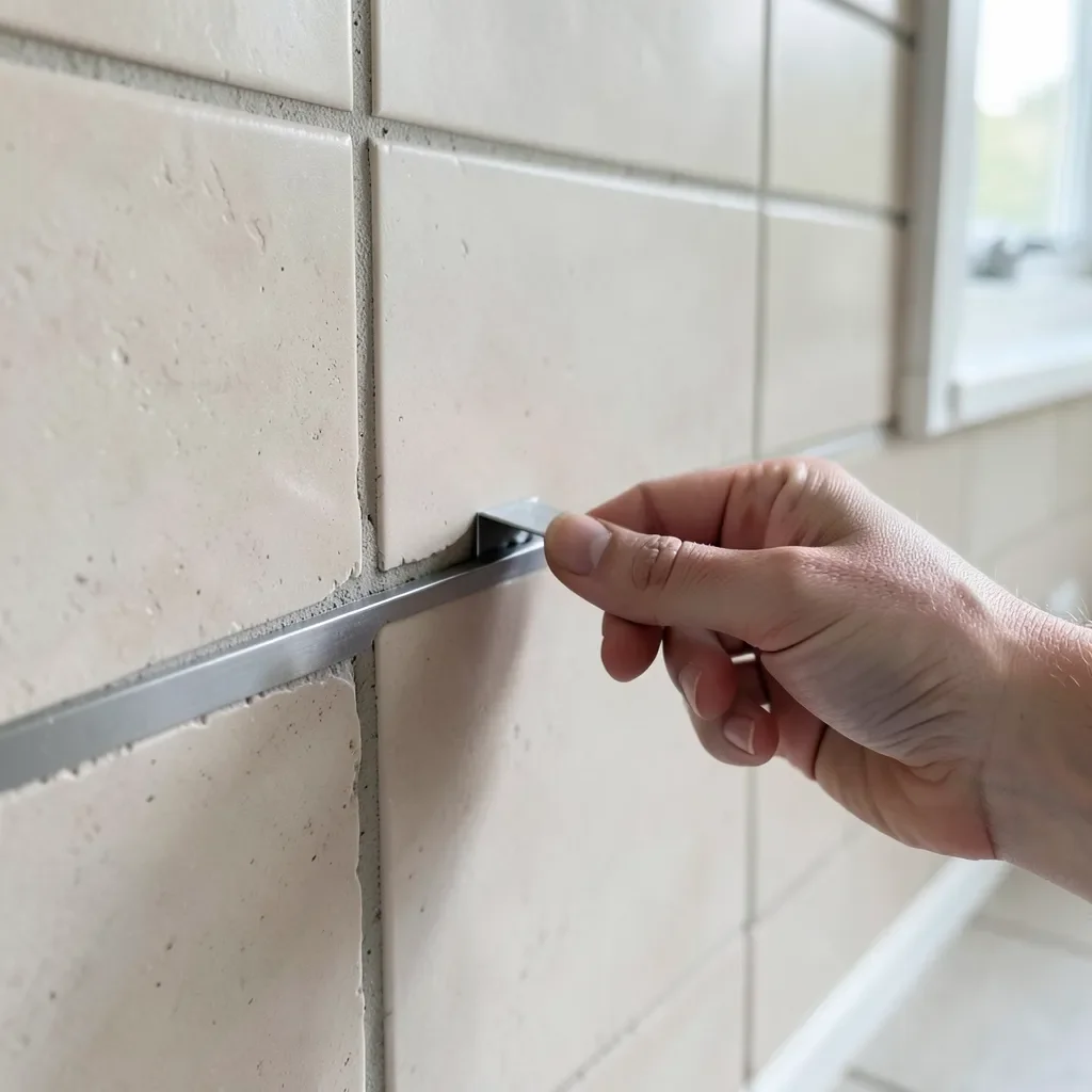 Installing metal edge trim on the raw edge of a kitchen backsplash tile
