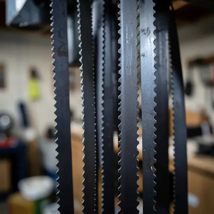 Coiled bandsaw blades stored in a workshop