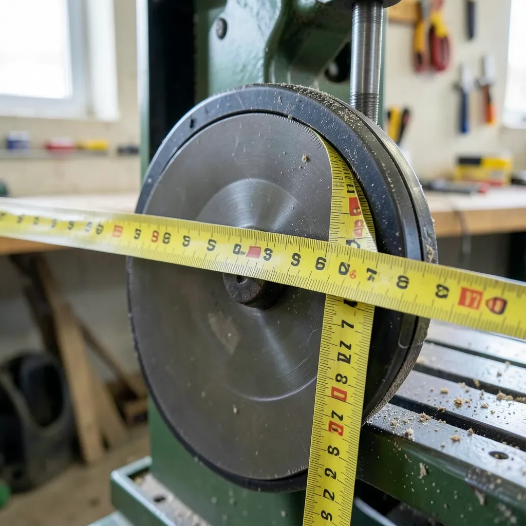 Measuring a bandsaw blade with a tape measure around the wheel