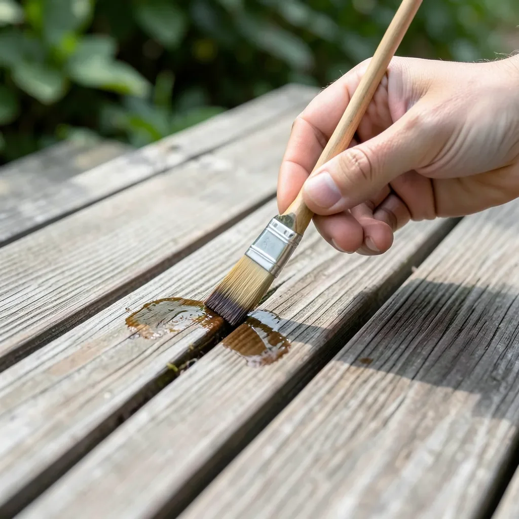 Hand painting stain between the gaps of wooden deck boards