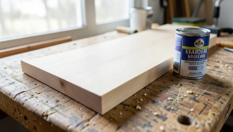 Clean new solid pine board next to an unopened can of wood hardener, illustrating that healthy new wood rarely needs hardener treatment