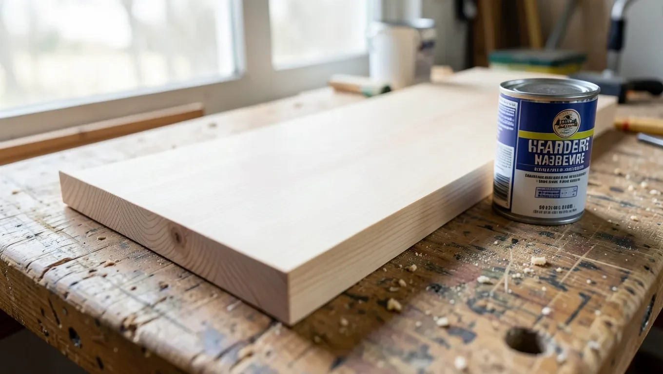Clean new solid pine board next to an unopened can of wood hardener, illustrating that healthy new wood rarely needs hardener treatment