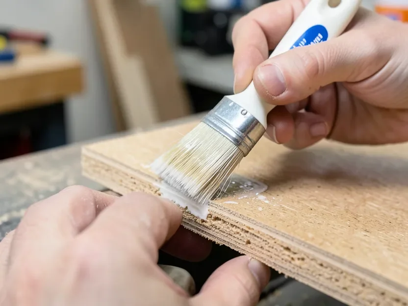 Applying penetrating sealer with a foam brush to the raw cut edge of a particle board panel