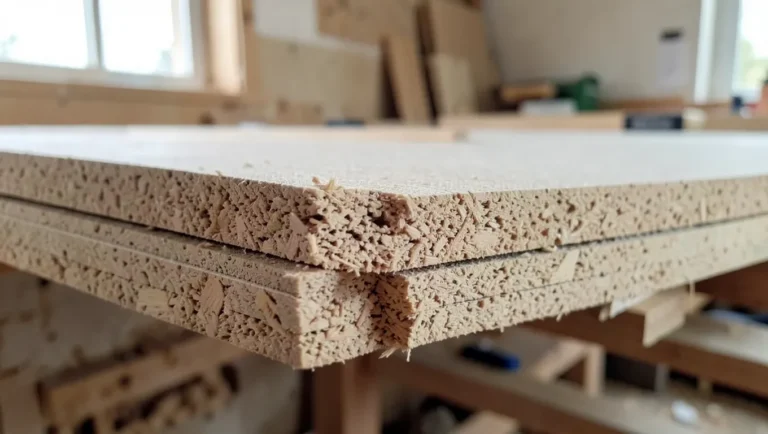 Close-up of raw particle board panels showing the coarse wood-chip texture on the cut edge