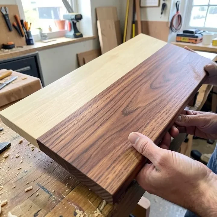 close-up of a pecan wood board showing pale sapwood next to reddish-brown heartwood grain