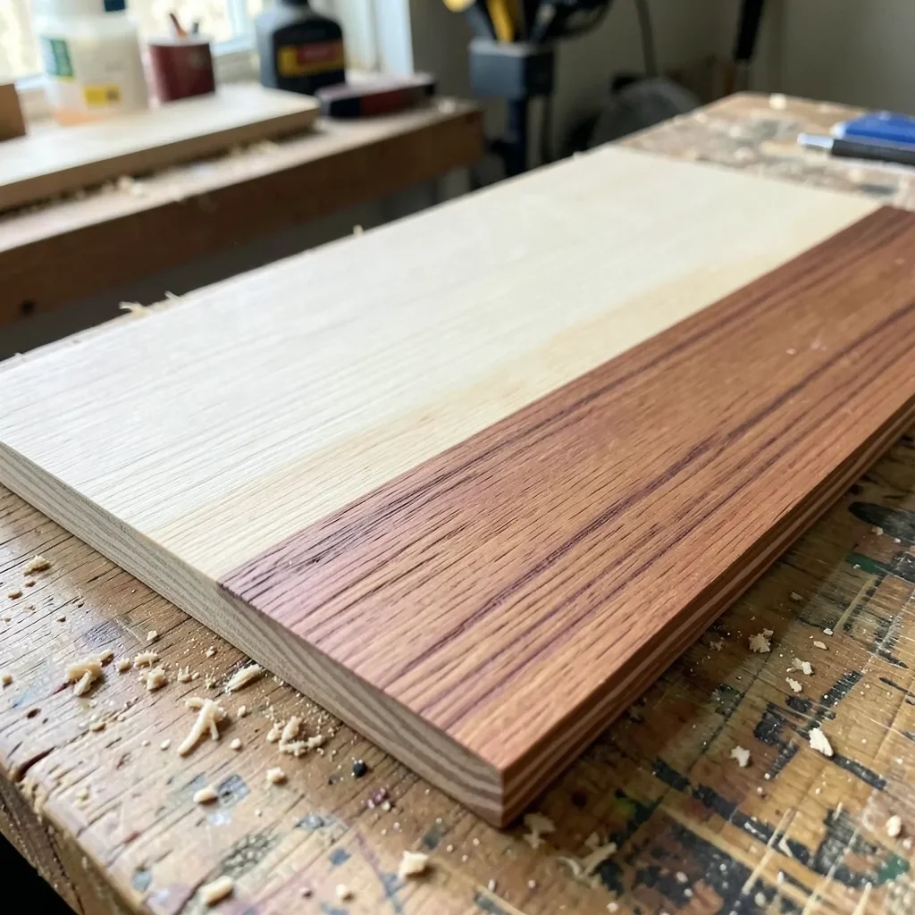 Pecan wood board showing reddish-brown heartwood next to pale sapwood