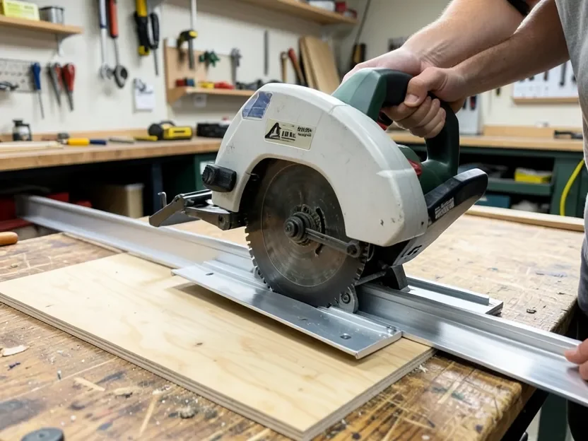 Circular saw blade riding an aluminum guide rail clamped to a plywood panel, hand on the rear handle