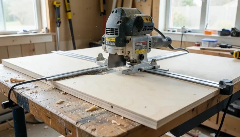 Plunge saw blade lowered into a sheet of plywood on a guide rail, mid-cut