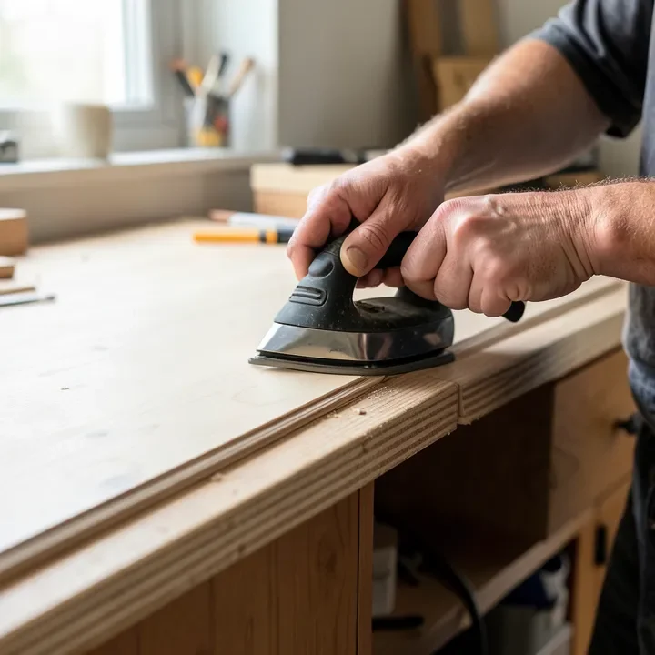 carpenter ironing wood edge banding onto a plywood countertop edge