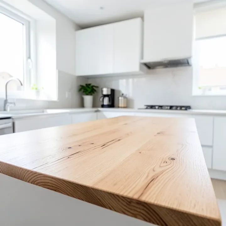 finished plywood countertop with visible edge grain in a modern kitchen