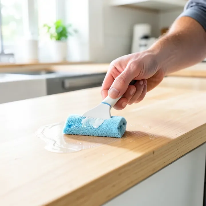 applying food-safe sealant to a finished plywood countertop with a foam brush