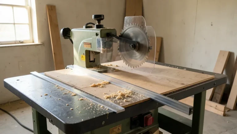 Table saw set up with rip fence and blade guard ready to cut a sheet of plywood