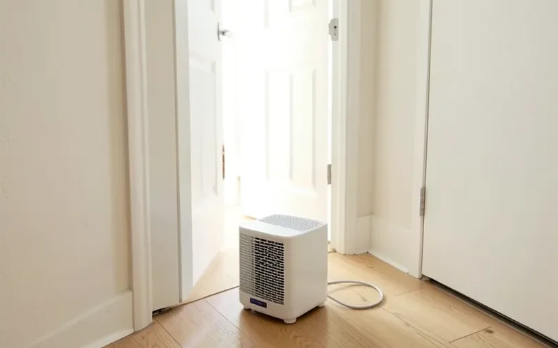 Portable air purifier running in a hallway outside a closed bedroom door