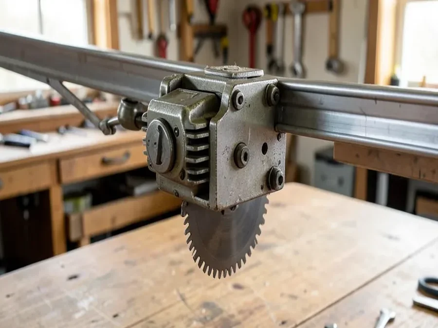 Close-up of a radial arm saw motor and blade carriage sliding along the overhead arm