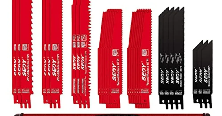 assortment of reciprocating saw blades in different lengths and tooth patterns