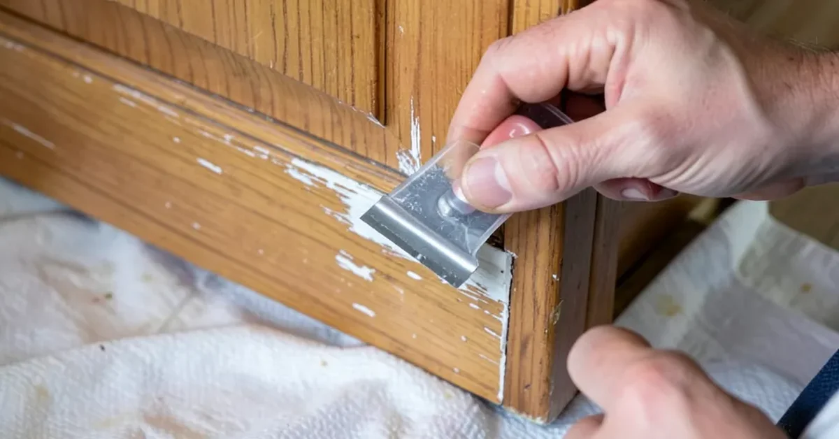 Scraping old paint off a kitchen cabinet door