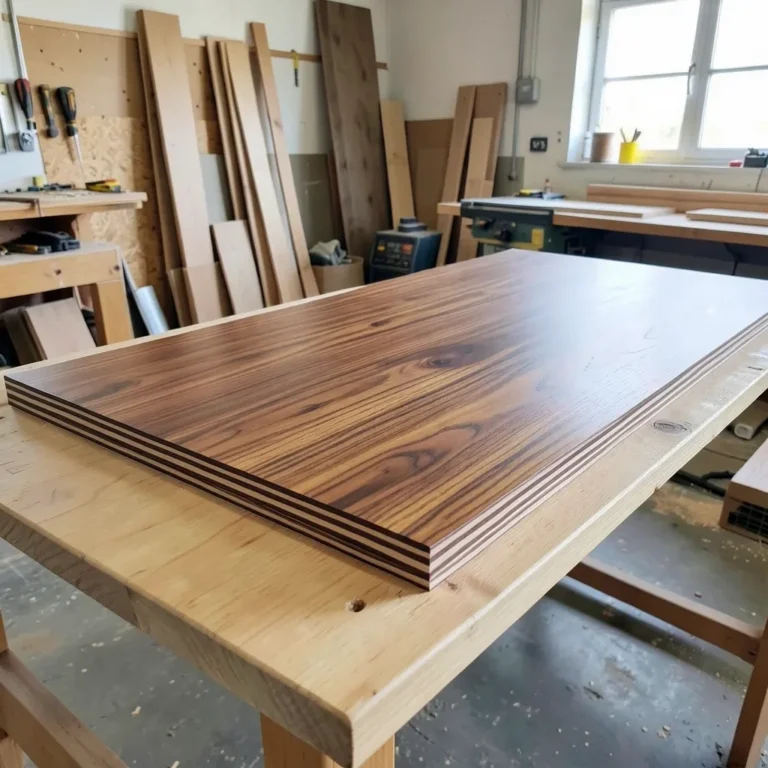 Finished plywood tabletop with a stained surface and clean edge banding