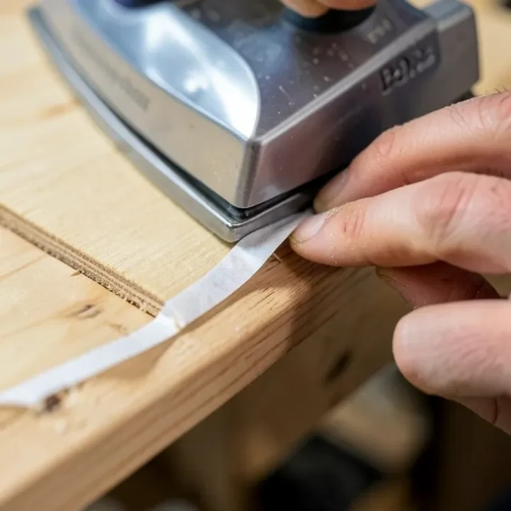 Ironing wood veneer edge banding tape onto the exposed edge of a plywood panel