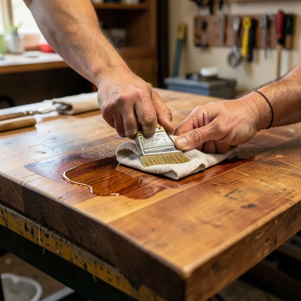 Applying hardwax oil finish to a wood tabletop with a cloth