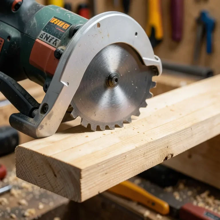 Compound miter saw blade tilted to make a bevel cut on a wood board