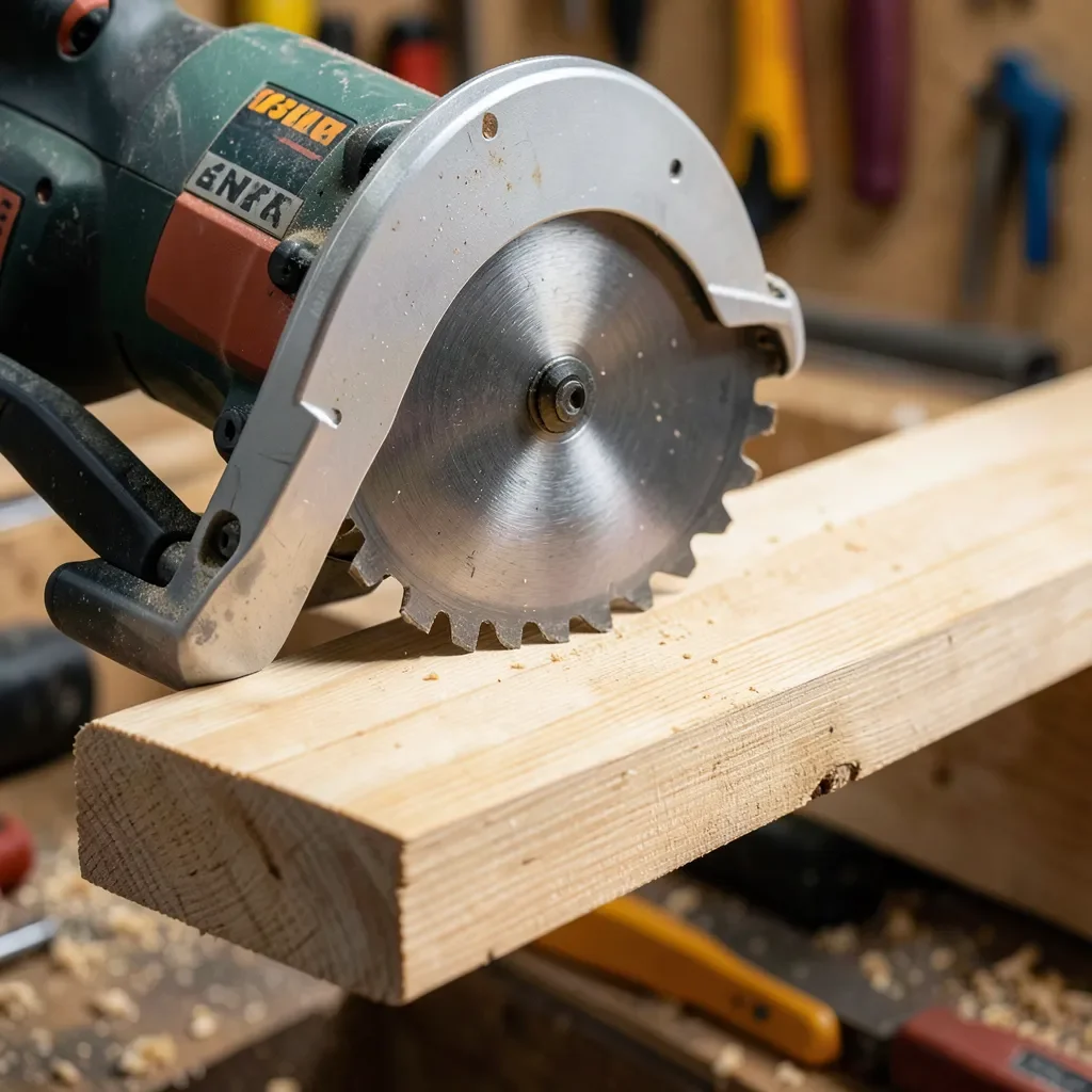 Compound miter saw blade tilted to make a bevel cut on a wood board