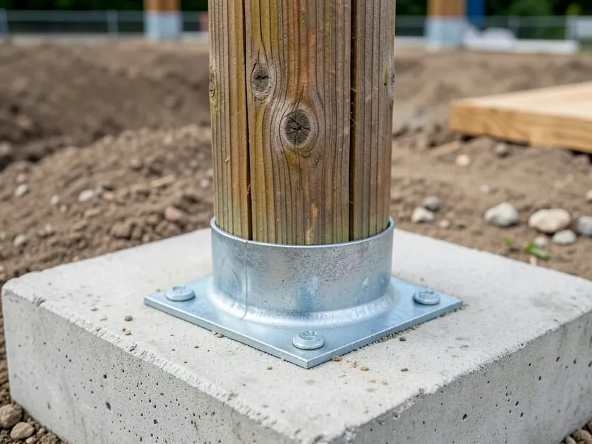 A wood post elevated above a concrete footing using a galvanized standoff post base