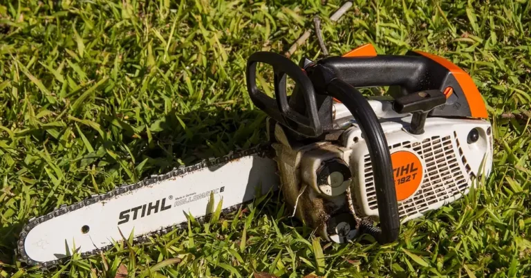 Stihl top-handle chainsaw resting on grass