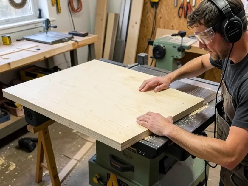 Woodworker using a push block to guide a full plywood sheet across a table saw with sawhorse support