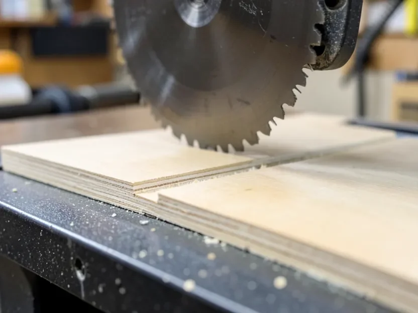 Table saw blade set to the correct height above a sheet of plywood at the gullet