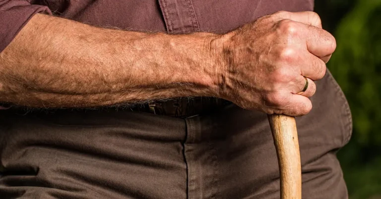 Hand gripping a natural wood-handled walking stick made from a tree branch while walking outdoors