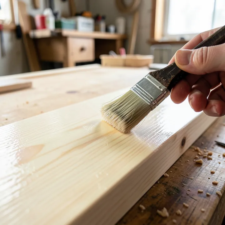 Brushing a clear wood finish onto a raw pine board close up