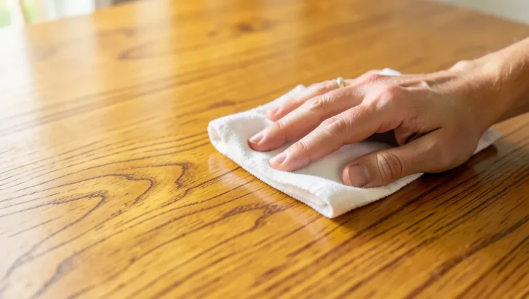Wiping down a mango wood table with a soft cloth