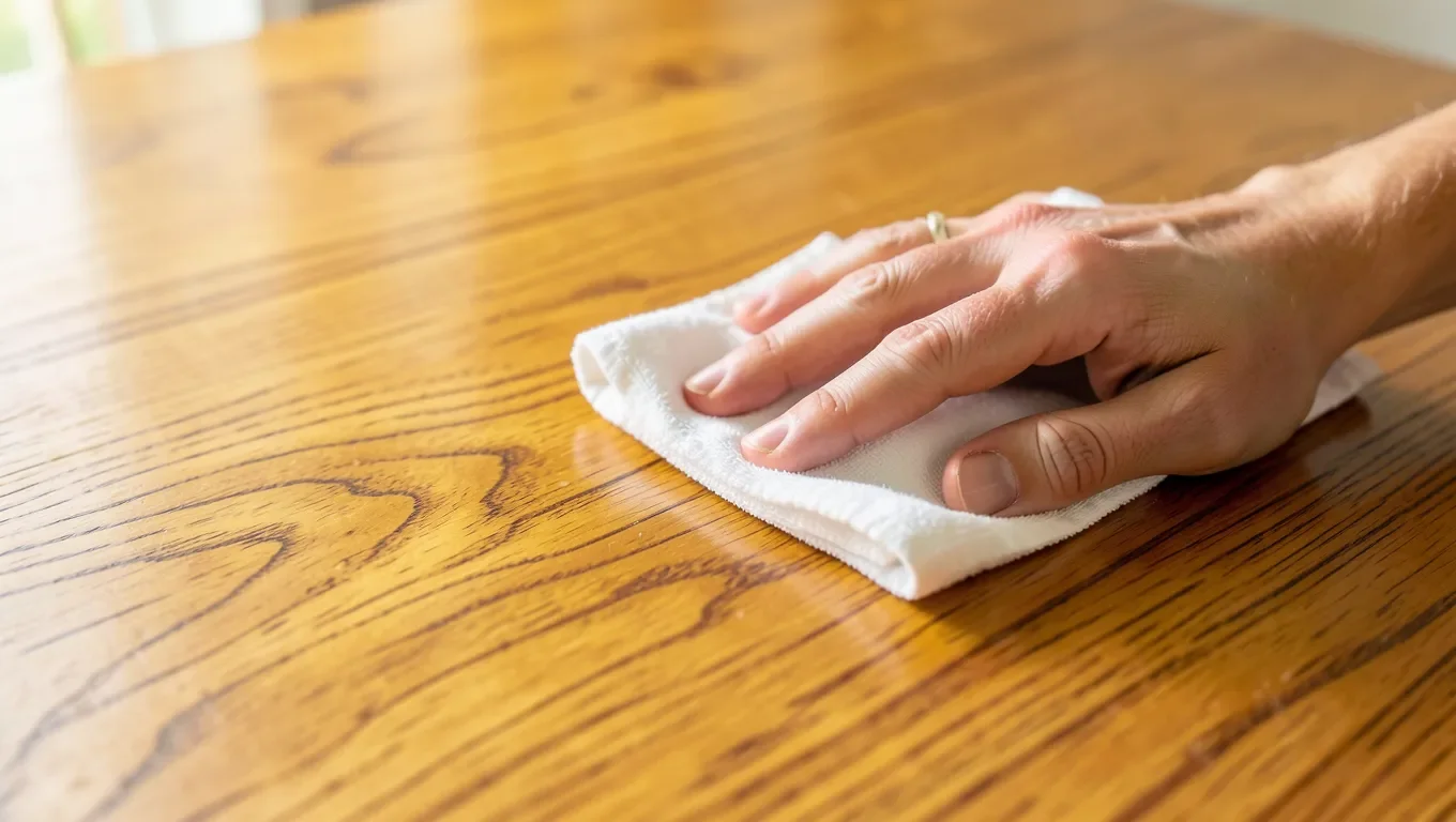 Wiping down a mango wood table with a soft cloth
