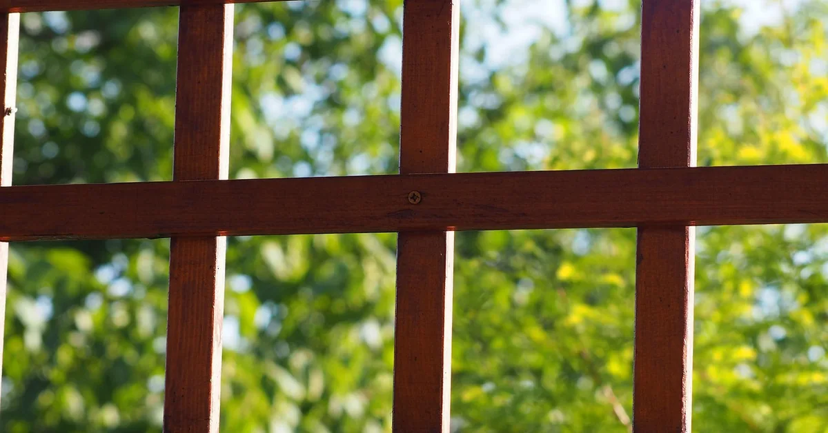 Wood lattice panel with square grid pattern mounted outdoors